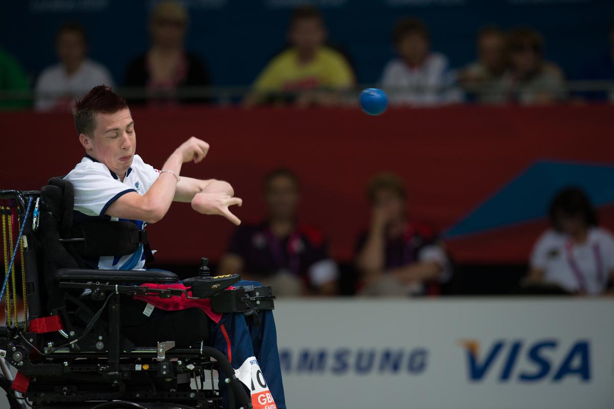 David Smith - Boccia - London 2012 Paralympic Games Man in wheelchair throwing a ball