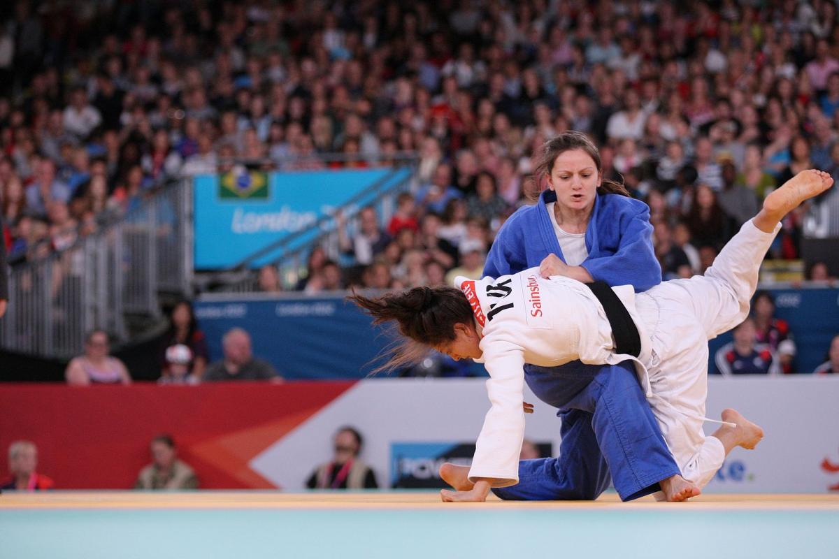 Afag Sultanova of Azerbaijan (blue) defeated Duygu Cete of Turkey in women's -57kg semi-final judo match on her way to the gold medal at the London 2012 Paralympic Games.