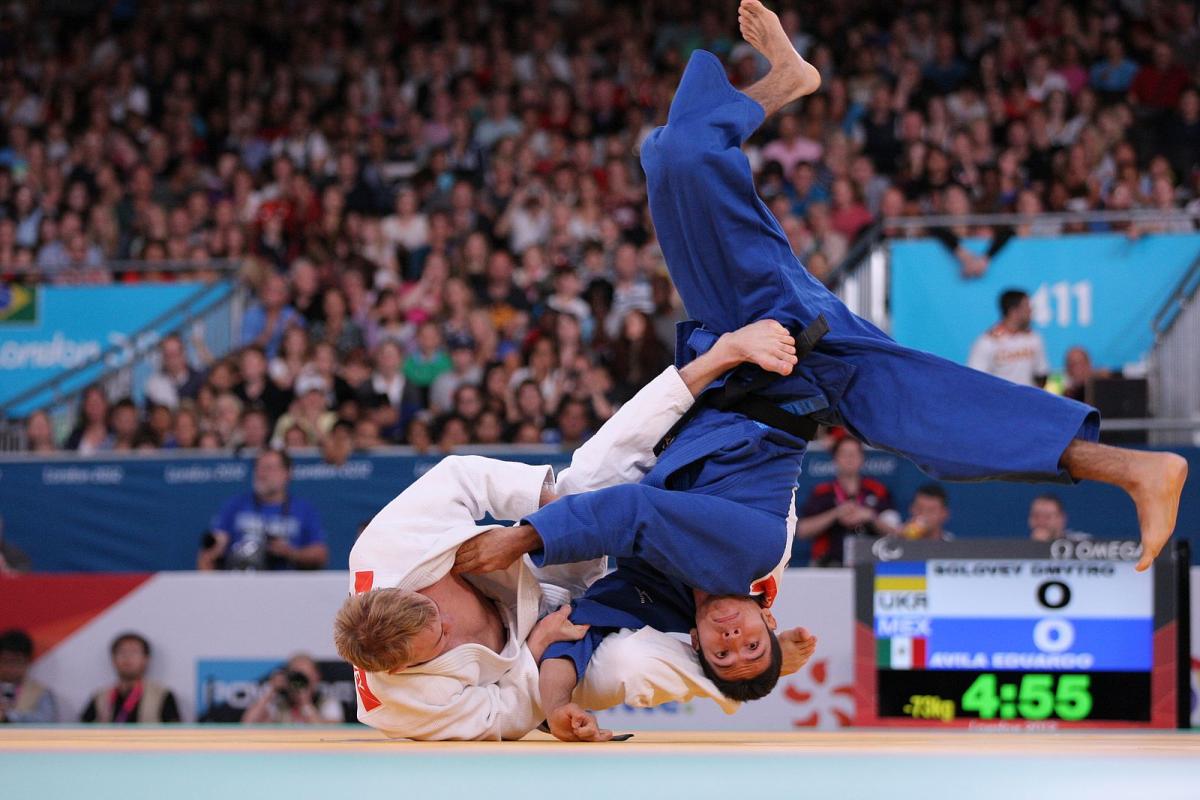 Dmytro Solovey of Ukraine (white) defeated Eduardo Avila Sanchez of Mexico in their -73kg semi-final match on his way to the gold medal at the London 2012 Paralympic Games.