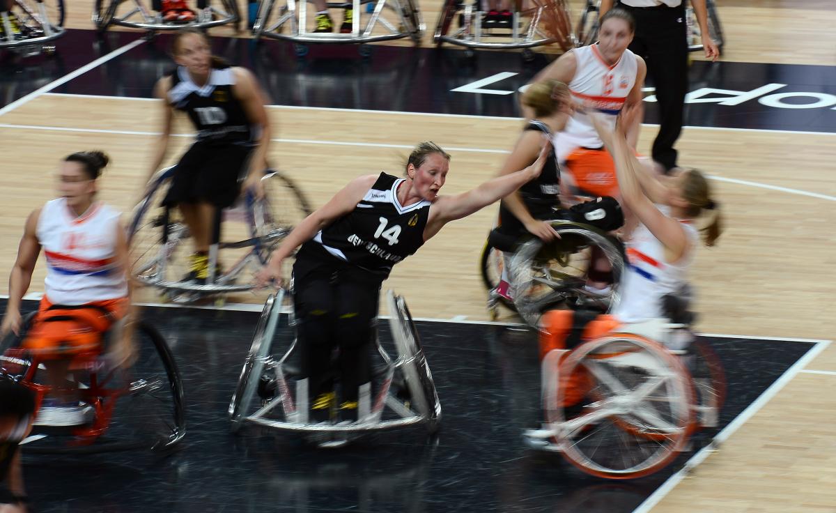 Action during the Women's Wheelchair Basketball semifinal between the Netherlands and Germany at the London 2012 Paralympic Games