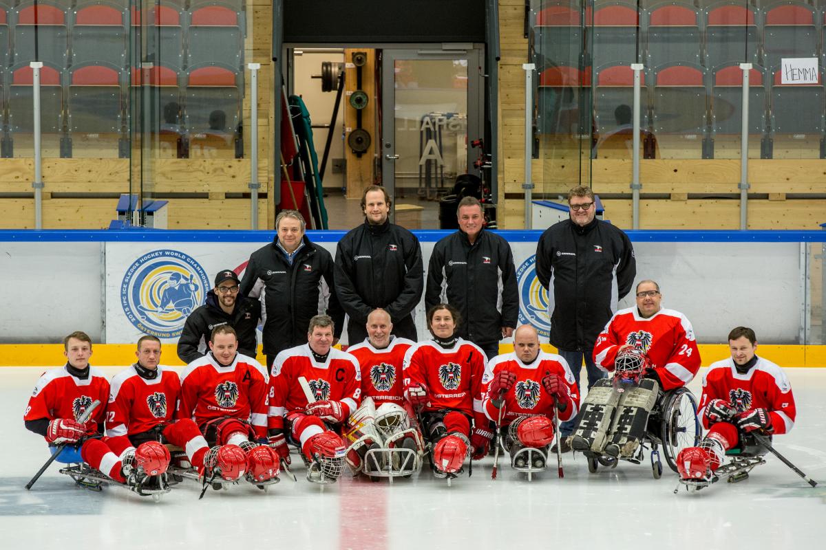 The Austrian Ice Sledge Hockey team at the 2015 IPC Ice Sledge Hockey World Championships B-Pool in Ostersund, Sweden.