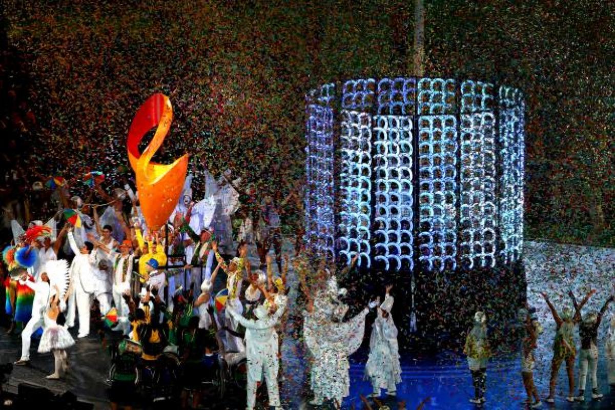 Artists representing Rio 2016 peform during the closing ceremony at the London 2012 Paralympic Games