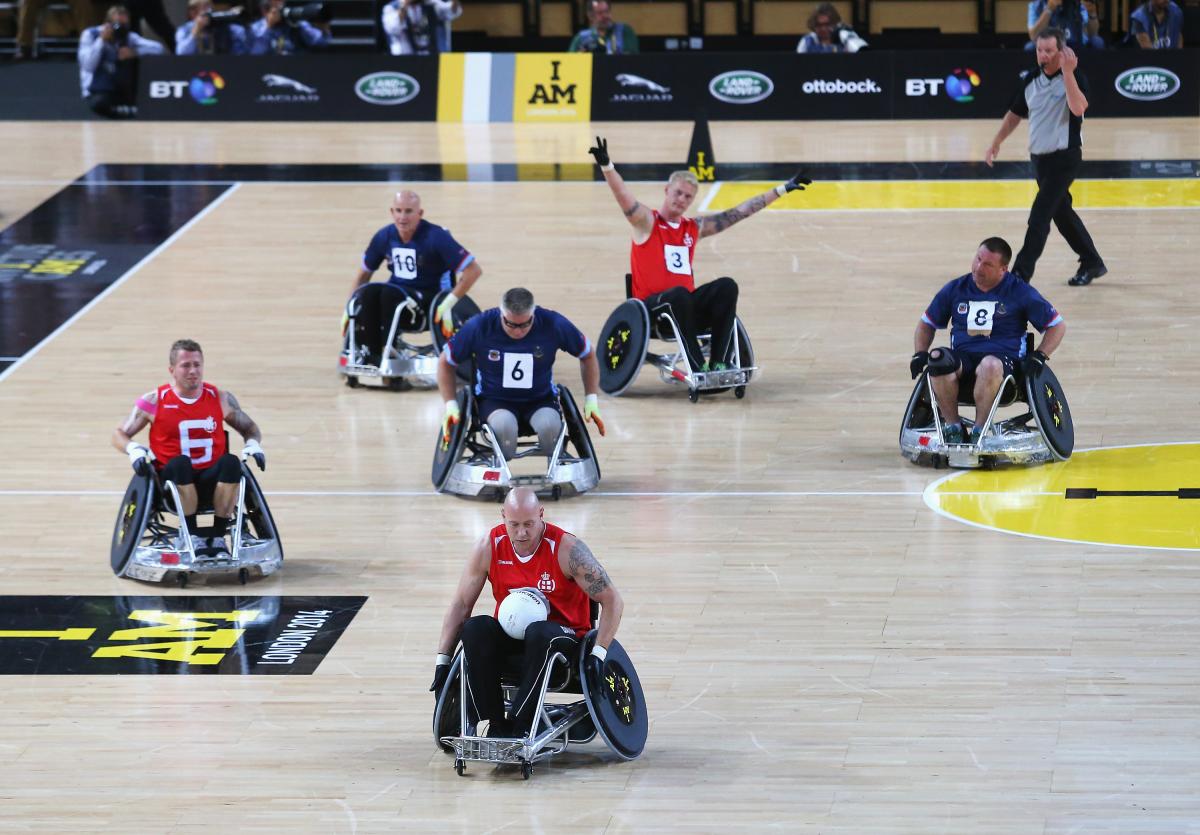 Jens Syberg of Denmark makes a break during the Wheelchair Rugby Bronze medal match against Australia during day 2 of the Invictus Games