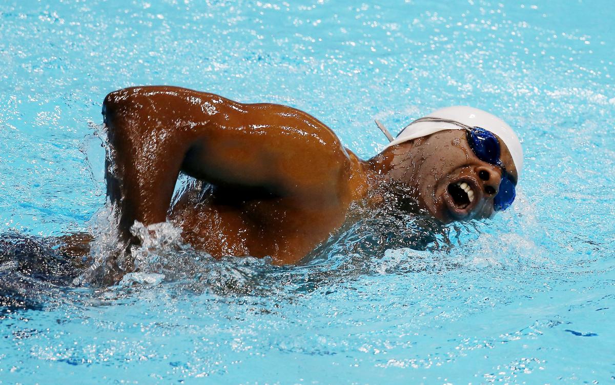 An S2 swimmer takes a breath during competition at London 2012.