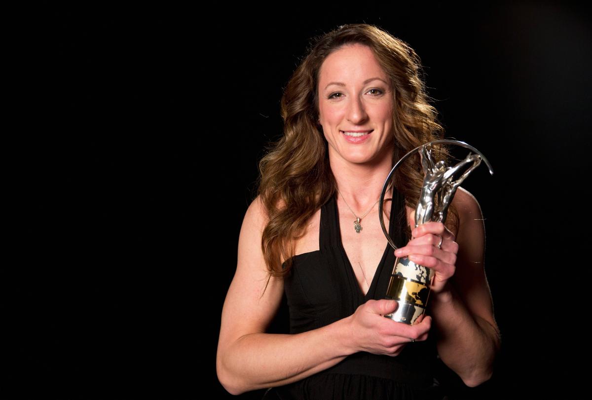 Laureus World Sportsperson of the Year 2015 with a disability winner and Wheelchair Racer Tatyana McFadden of USA poses with her award at Newman Hall on March 28, 2015 in Champaign, llinois, USA.