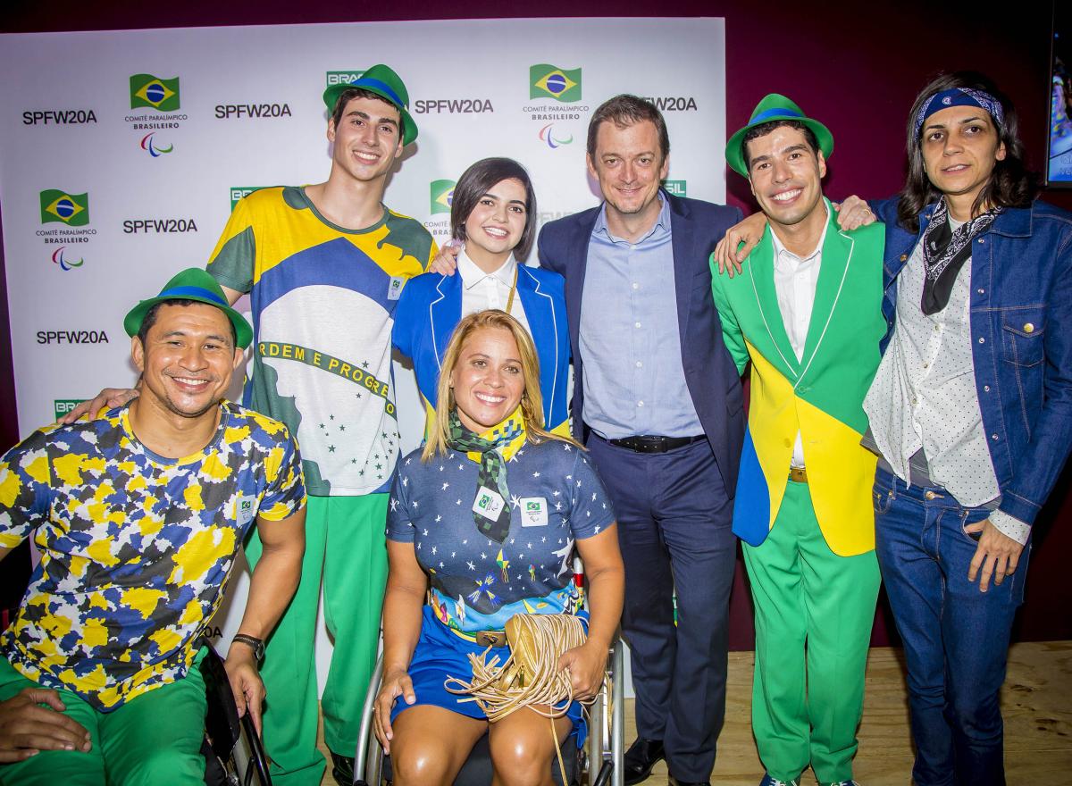 Brazilian athletes Andrew Parsons, President of the Brazilian Paralympic Committee with Brazilian athletes at the Sao Paulo Fashion Week