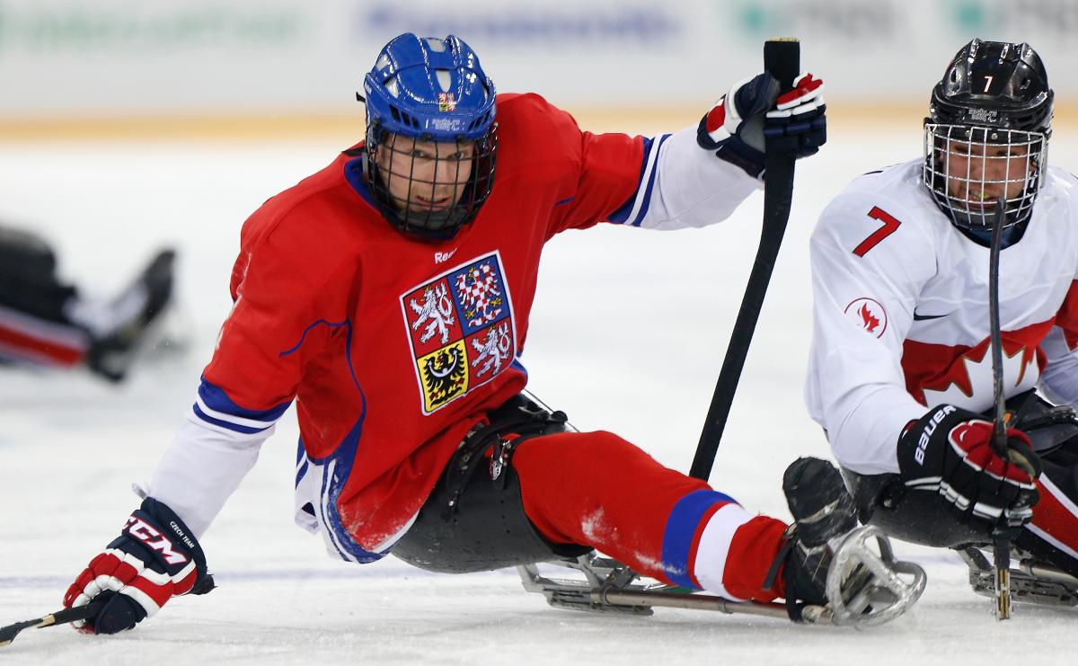 Man on hockey sledge focusing on the puk