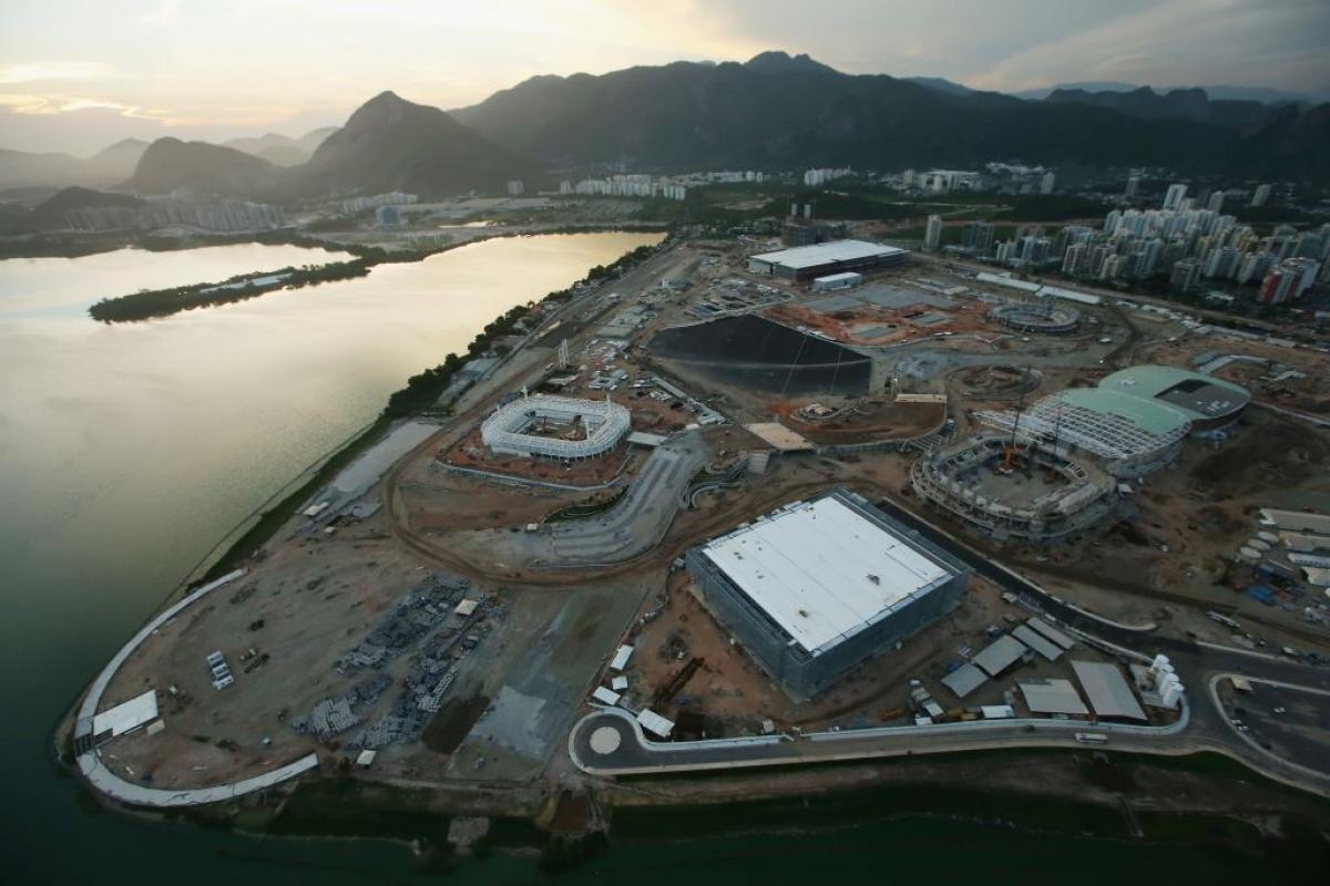 Rio 2016 construction Aerial view on coast with contruction works going on