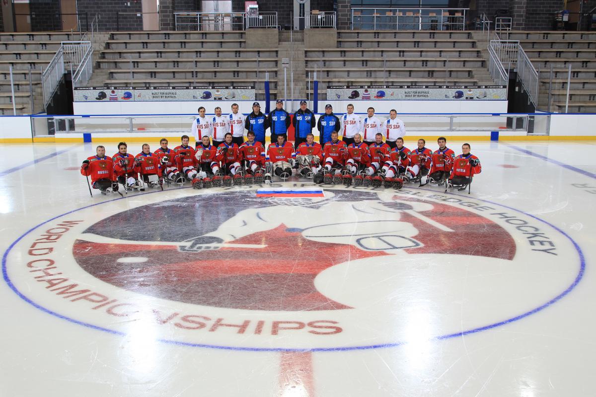 Russia Ice sledge hockey players and coaches have a team photo