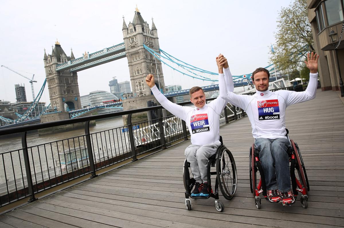 David Weir and Marcel Hug David Weir and Marcel Hug attend the photocall for the 2015 IPC Athletics Marathon World Championships at Tower Hotel.