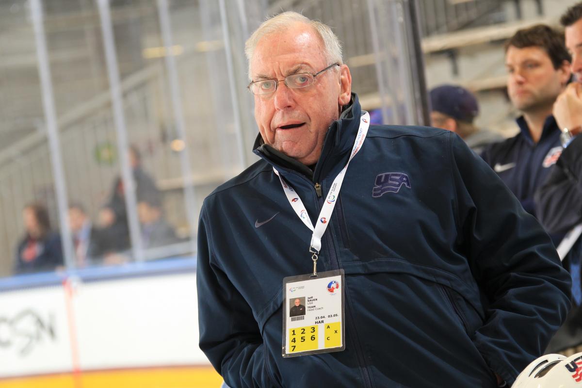 Jeff Sauer, coach of Team USA, in the preliminary game against Germany at the 2015 IPC Ice Sledge Hockey World Championships A-Pool in Buffalo, USA.