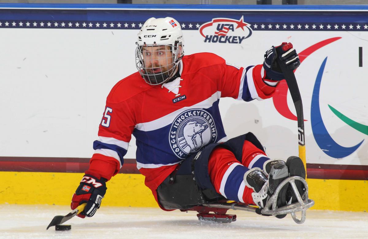 Thomas Jacobsen of Norway competes at the 2015 IPC Ice Sledge Hockey World Championships A-Pool in Buffalo, USA.