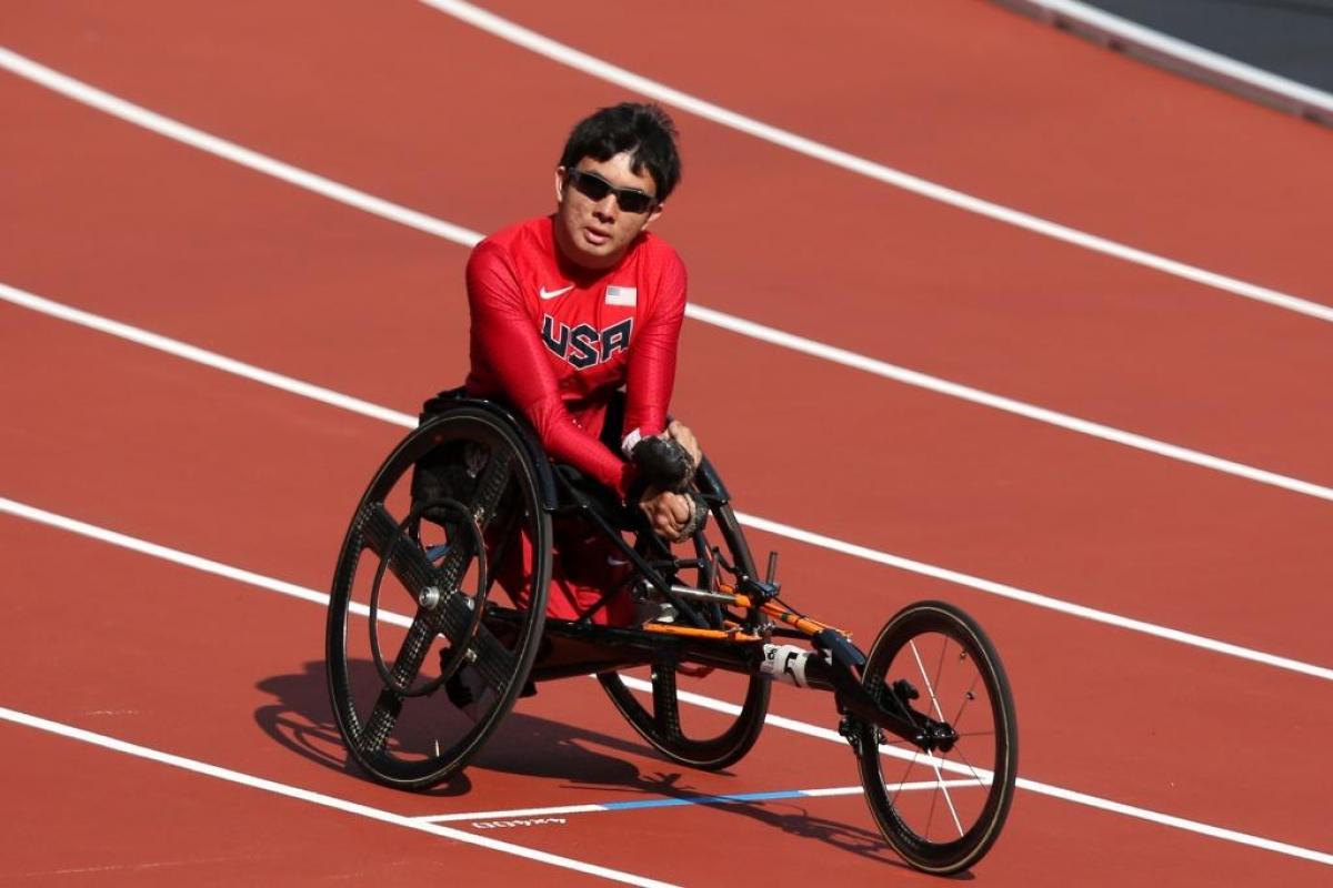 Raymond Martin of the United States competes in the Men's 400m T52 heats at the London 2012 Paralympic Games.