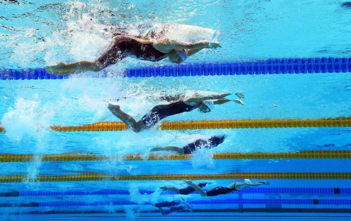 (L-R) Lenka Zahradnikova of Czech Republic, Maryna Shtal of Ukraine, Deborah Font of Spain, Darya Stukalova of Russia, Yaryna Matlo of Ukraine, Raquel Viel of Brazil and Nicole Frycova of Czech Republic compete in the Women's 200m Individual Medley - SM12 heat at the London 2012 Paralympic Games.