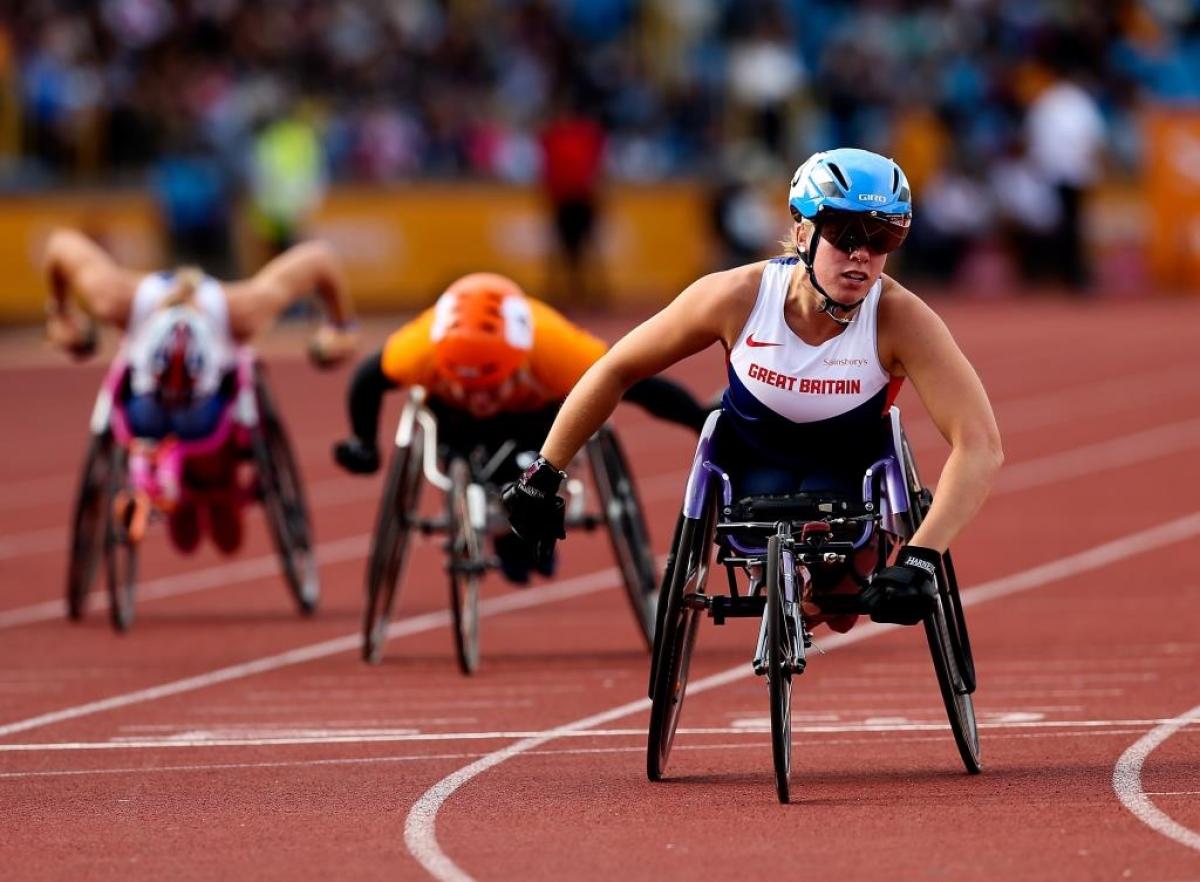 Hannah Cockroft of Great Britain wins the Women's 100m T34 during the Diamond League at Alexander Stadium on August 24, 2014 in Birmingham, England.