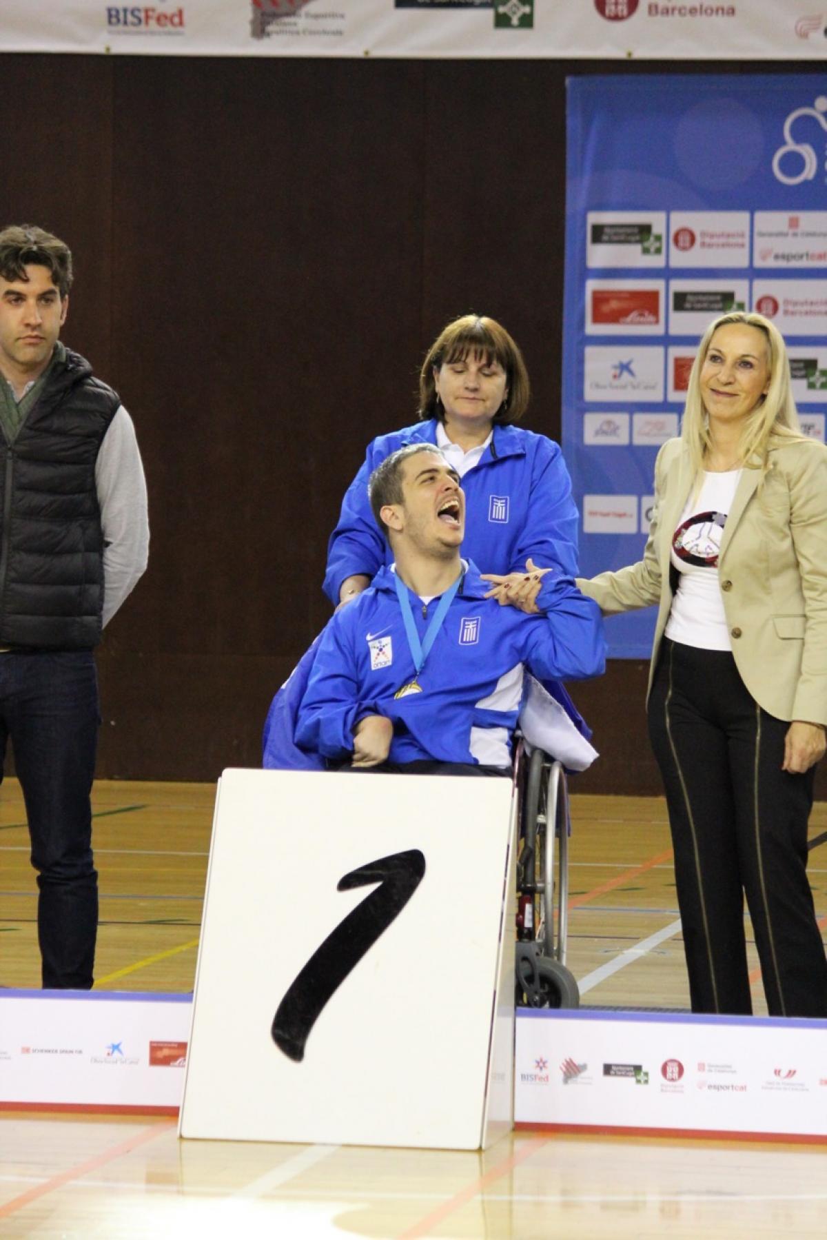 Boccia athlete at the medal ceremony 