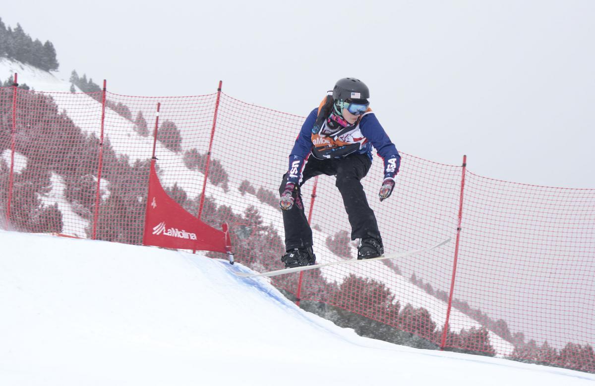 Brenna Huckaby of USA competes at the 2015 IPC Snowboard World Championships.
