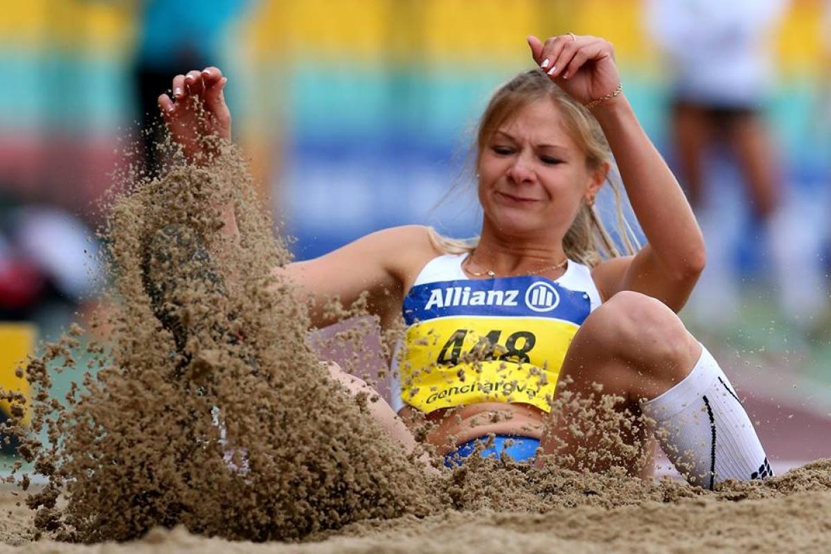 Russia's Margarita Goncharova jumps a new world record in the woman's long jump at the IPC Athletics Grand Prix Berlin 2015 at Friedrich-Ludwig-Jahn-Sportpark.