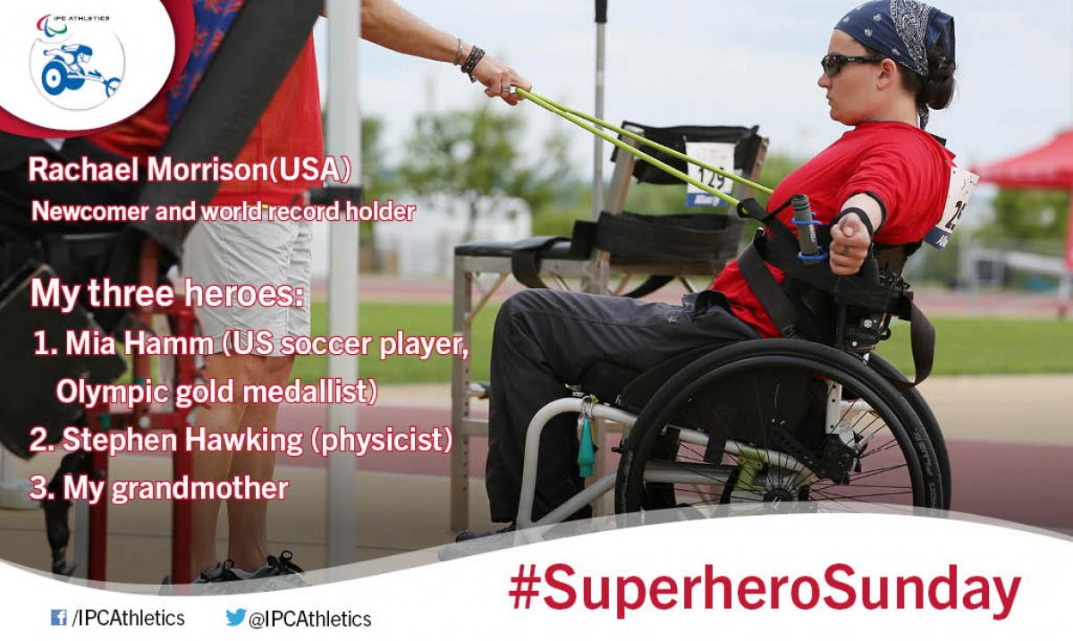 Superhero Sunday Rachael Morrison Graphic showing a pic of a women in a wheelchair, leaning back, stretching