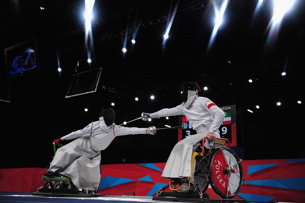 Dariusz Pender of Poland Dariusz Pender of Poland fences during his Gold Medal match against Romain Noble of France on day 7 of the London 2012 Paralympic Games.