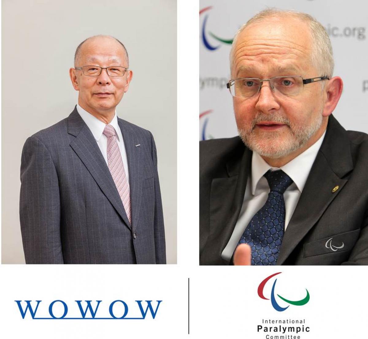 Nobuya Wazaki, Chairman of WOWOW and Sir Philip Craven Portrait pictures of two men with two company logos