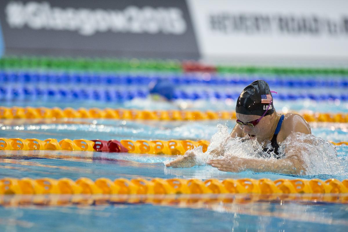 Jessica Long of the USA competes in the Women's 100m Breaststroke SB7 at the 2015 IPC Swimming World Championships in Glasgow, Great Britain.