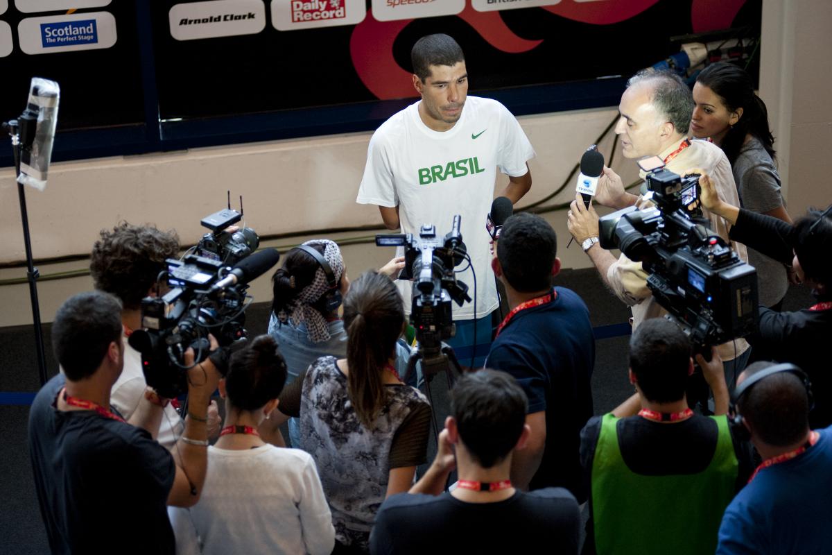 Daniel Dias of Brazil at the 2015 IPC Swimming World Championships in Glasgow, Great Britain, in the mixed zone.