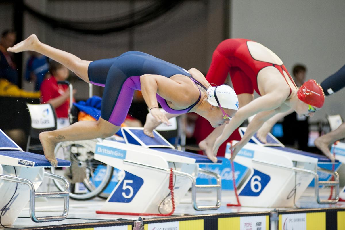 Swimmers launch into the pool