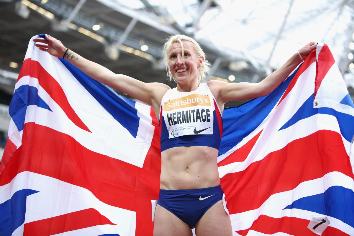 Georgina Hermitage of Great Britain celebrates winning the Women's 400m T37 race and breaking the world record at the 2015 IPC Athletics Grand Prix Final.