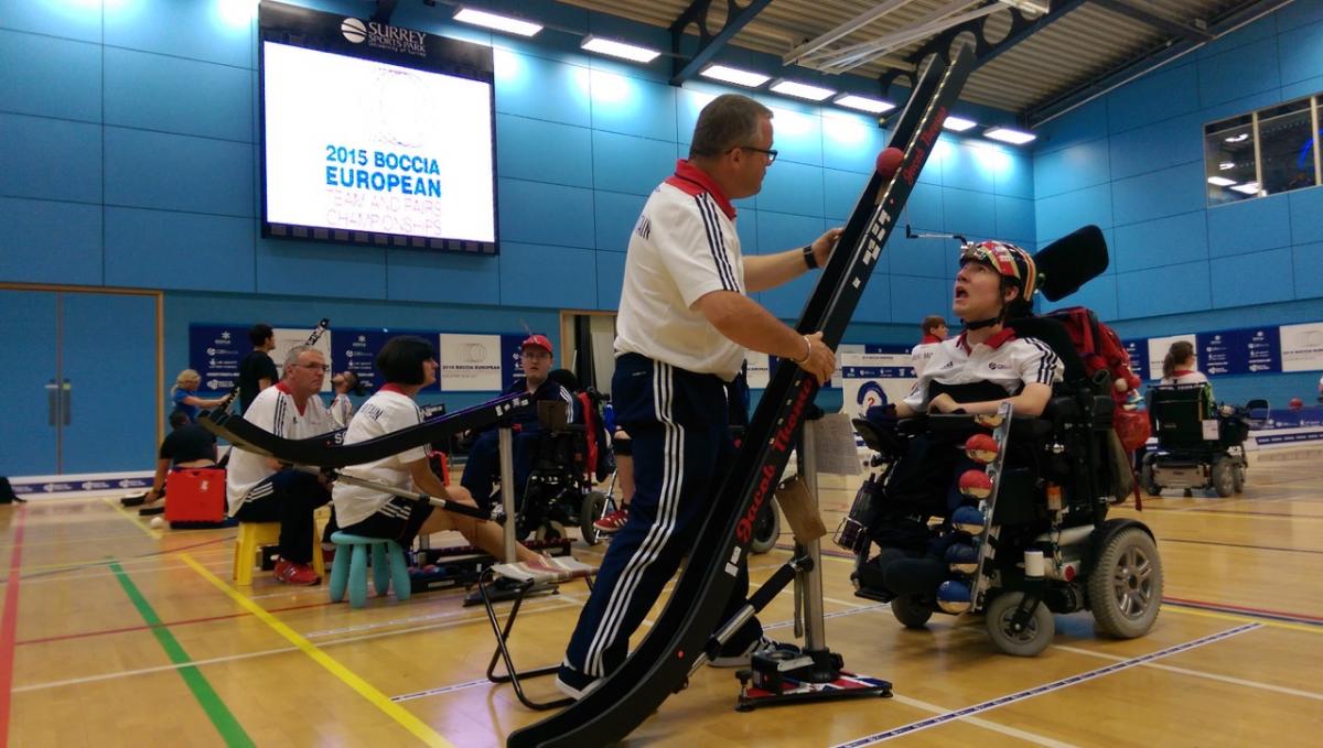 Jacob Thomas, Great Britain, BC3, 2015 European Championships Man in electric wheelchair on a boccia field of play