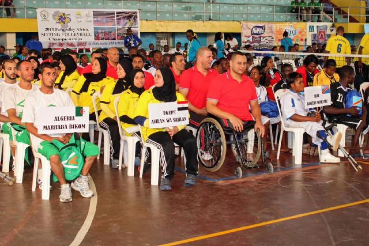 Athletes line up during a ceremony. 