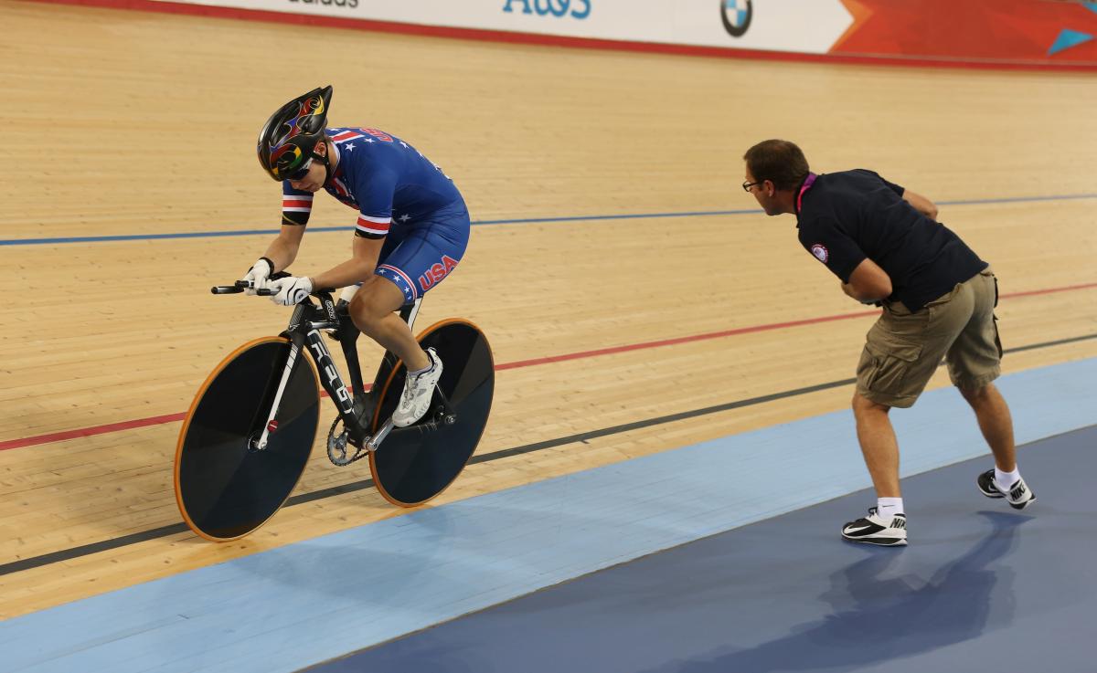 The USA's Allison Jones competes in the women's individual C1-2-3 pursuit at the London 2012 Paralympic Games.