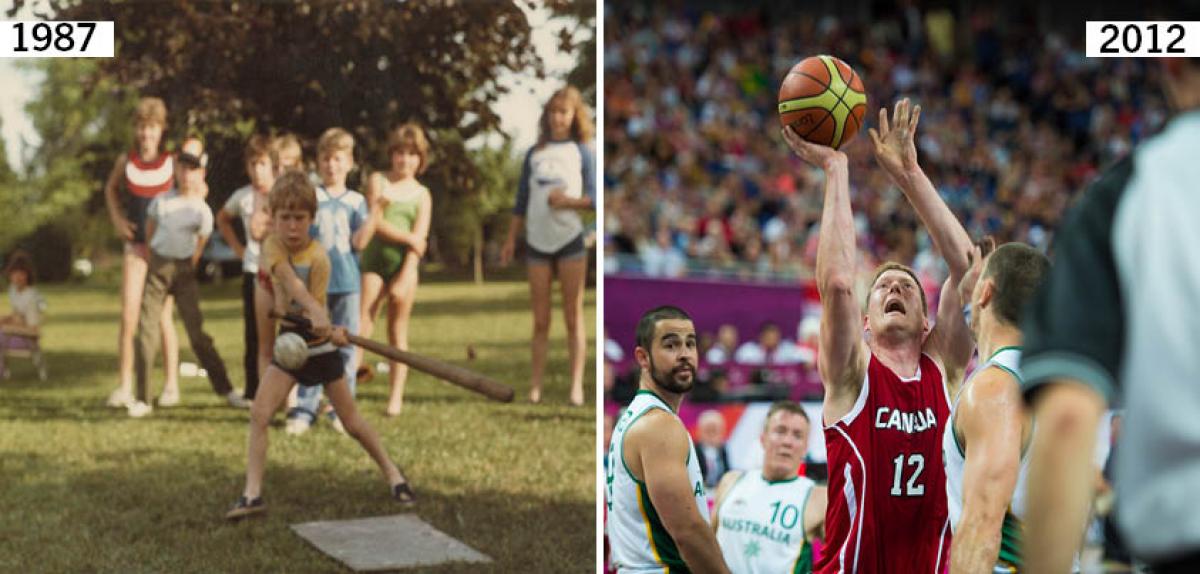 Two pictures, one of a kid with a baseball racket and one of a wheelchair basketball player