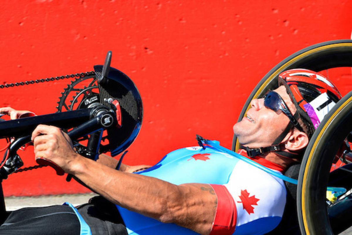 Mark Ledo of Team Canada competes in the men's individual H3 road race in the 2012 London Paralympics at Brands Hatch.