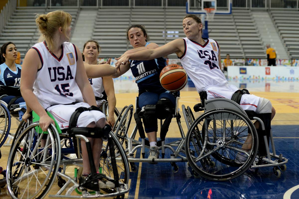 Wheelchair basketball - USA v ARG - Toronto 2015 Parapan American Games Two women in wheelchairs defending at a basketball game