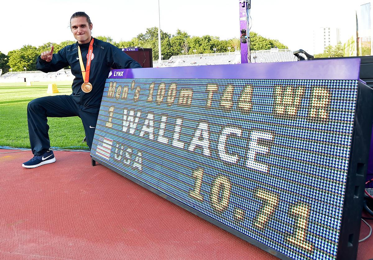 The USA's Jarryd Wallace after breaking the 100m T44 world record at Toronto 2015.