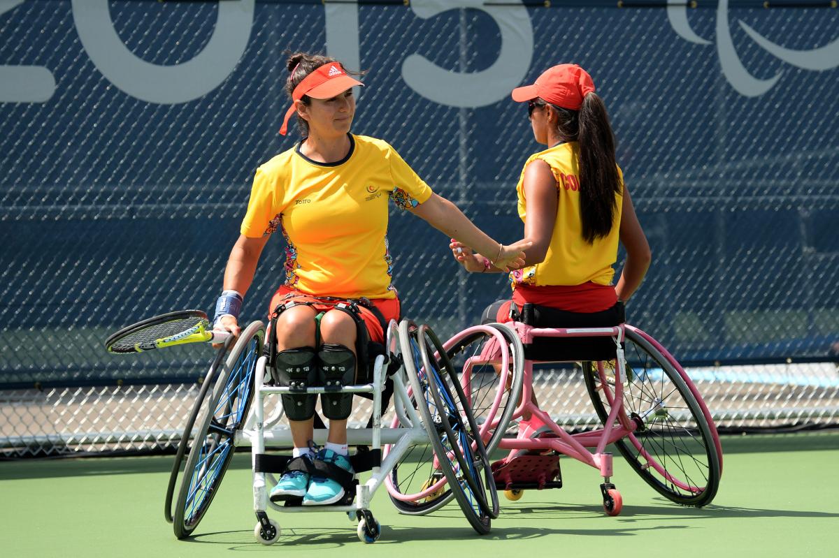 Angelica Bernal and Johana Martinez (Colombia) during the Women's Doubles Semi-Final against USA in Toronto at the 2015 Parapan American Games.