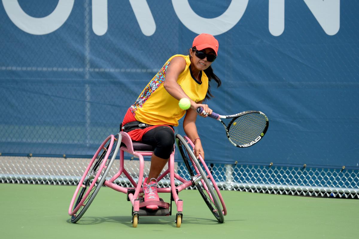 Angelica Bernal, Colombia, in the women's doubles semi-final against USA at the Toronto 2015 Parapan American Games.
