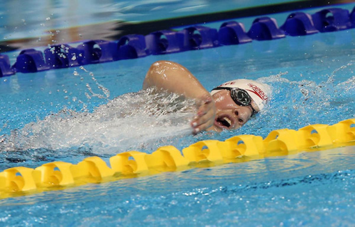 Tess Routliffe, Freestyle Swimming, Toronto 2015 Tess Routliffe swimming in the pool. Her head is just above water and facing the camera.