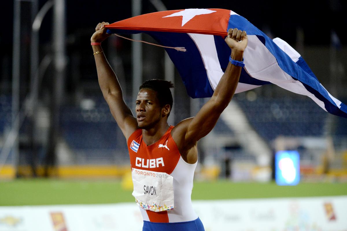 Leinier Savon - Athletics - Toronto 2015 Parapan American Games Leinier Savon Pineda of Cuba celebrating after the Men's 200M T12 in Toronto at the 2015 Parapan American Games.