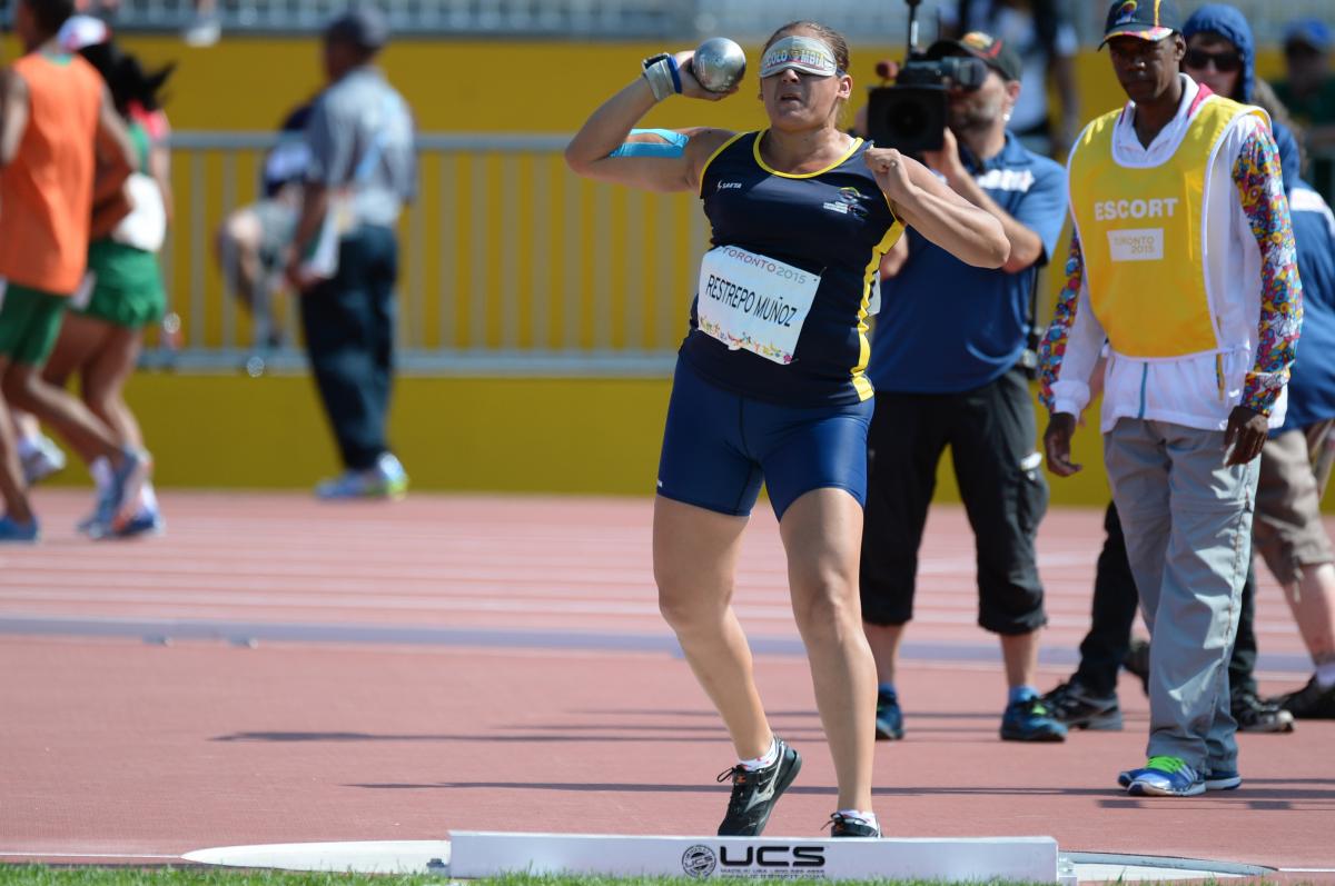 Blindfolded man throwing a shot put