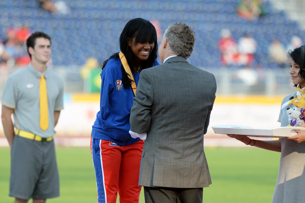 Yunidis Castillo - Cuba - Toronto 2015 Parapan American Games Yunidis Castillo receives her gold medal for the women's 200m T47, handed over by Patrick Jarvis.