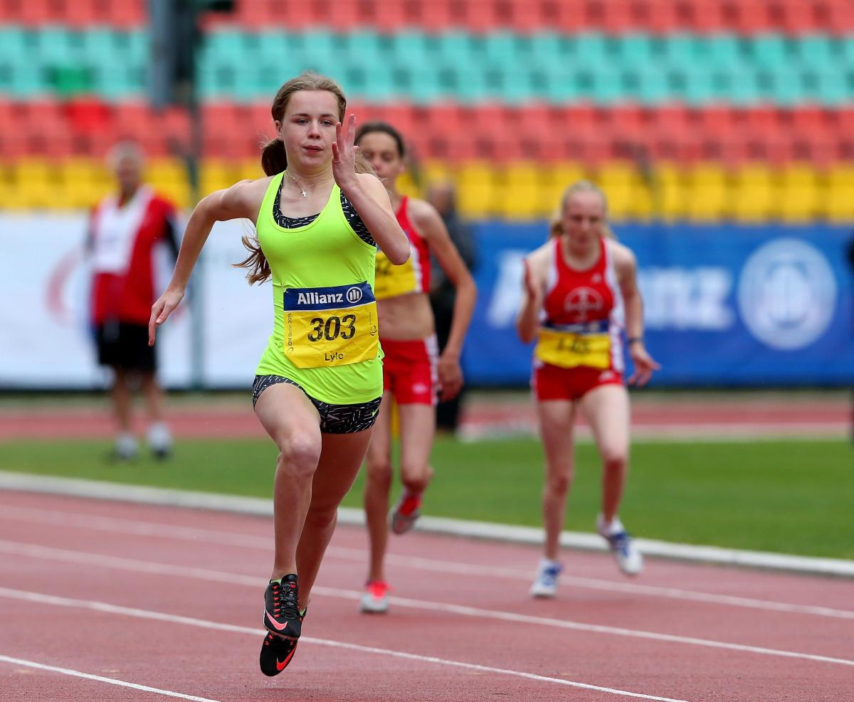 Maria Lyle of Great Britain competes in the 100m finale at the 2015 IPC Athletics Grand Prix Berlin. 