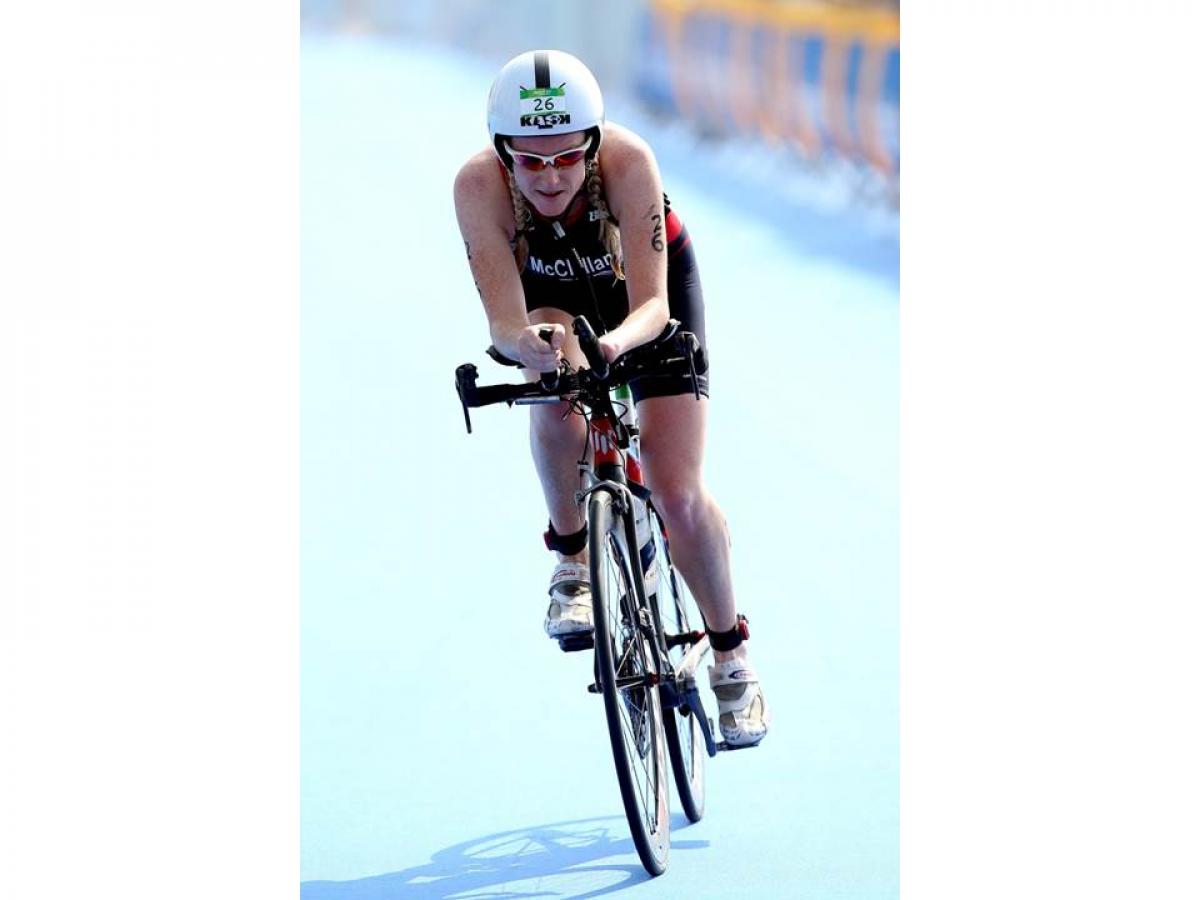 Faye McClelland #26 of Great Britain competes in the cycling portion of the womens PT4 class during the Aquece Rio Paratriathlon at Copacabana beach.
