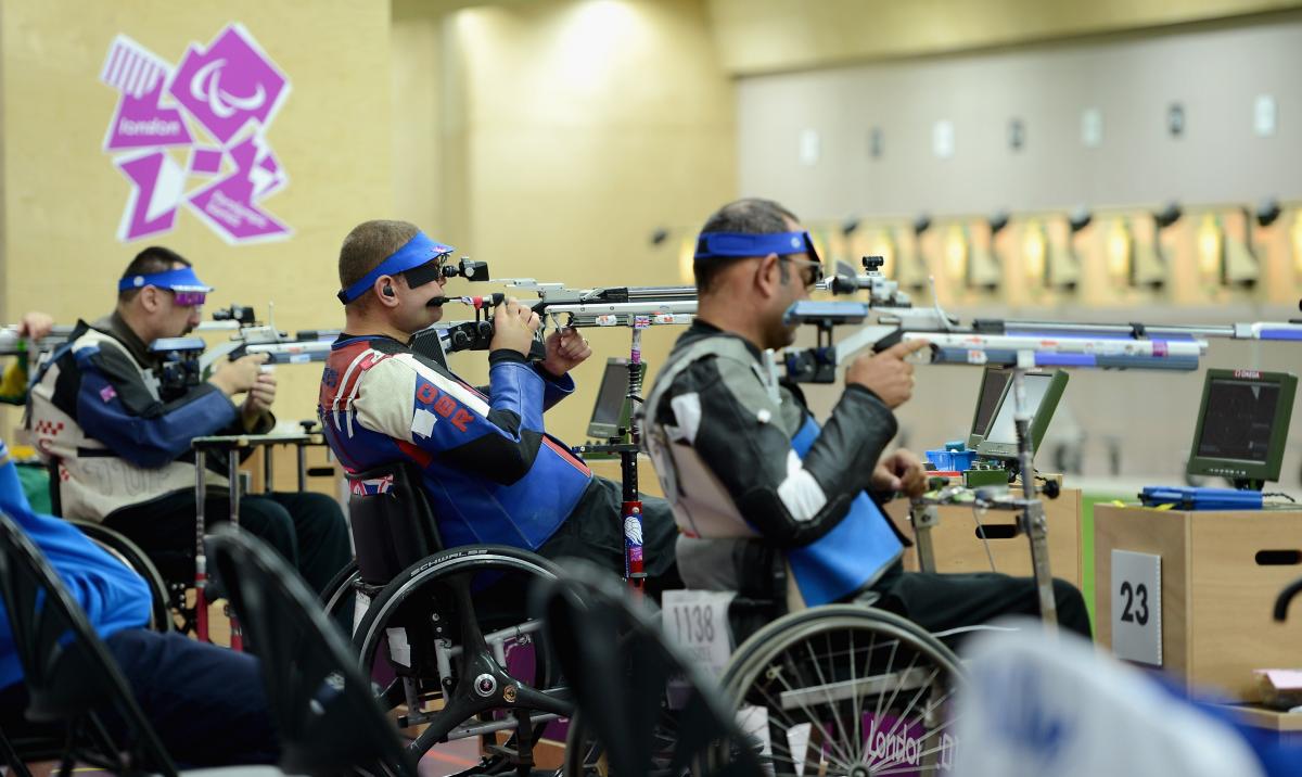 Richard Davies of Great Britain competes in the Mixed R4-10m Air Rifle Standing Shooting - SH2 qualifying at the London 2012 Paralympic Games.