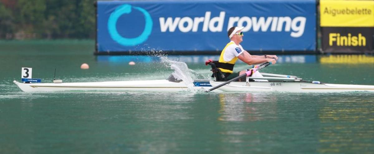 Erik Horrie competes at the 2015 World Rowing Championships is held in Aiguebelette, France.