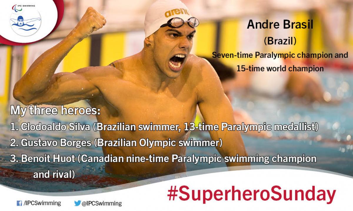 SuperheroSunday: Andre Brasil Graphic with picture of upper body of swimmer, celebrating.