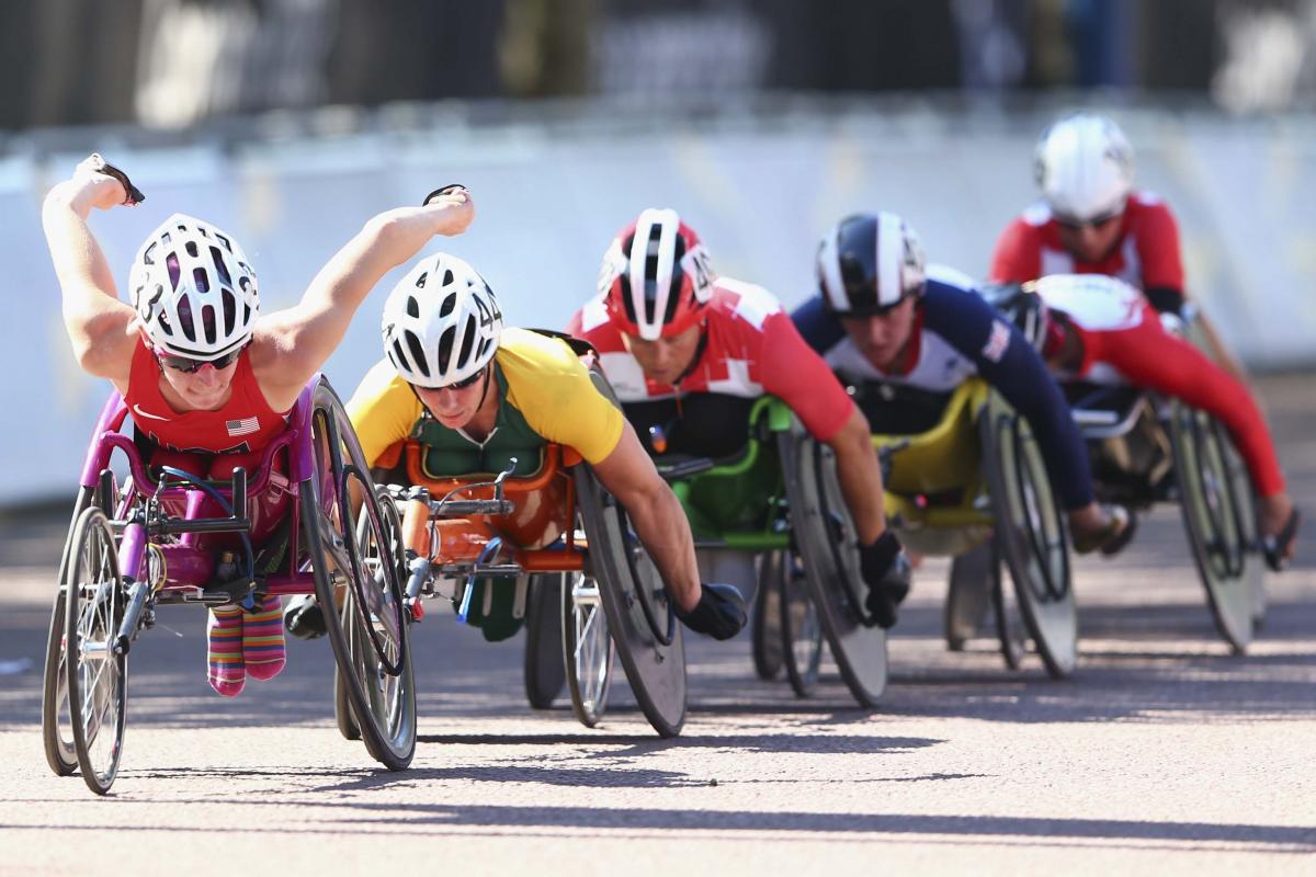 Marathon - London 2012 Group of wheelchair athletes at the marathon race of the London 2012 Paralympic Games