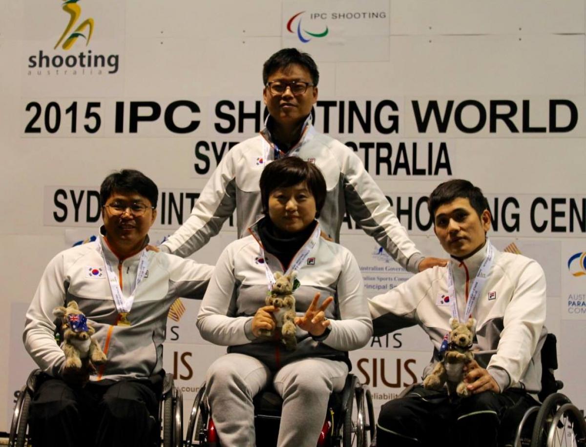 Chul Park, Juhee Lee and Ahn Kyounghee at the 2015 IPC Shooting World Cup in Sydney, Australia.