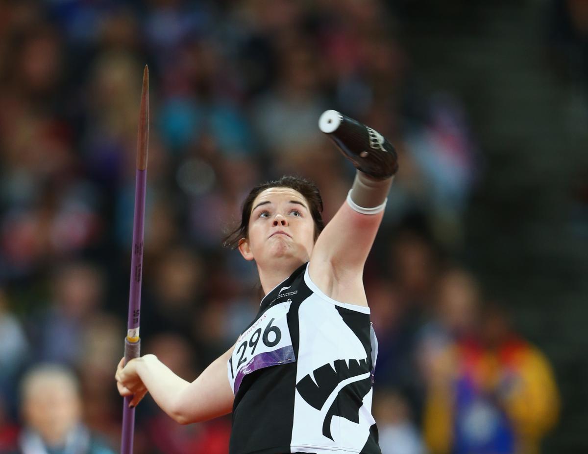 Holly Robinson of New Zealand competes in the Women's Javelin Throw - F46 Final at the London 2012 Paralympic Games. 